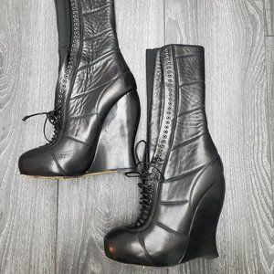 Nina Ricci Leather Mid-Calf Platform Wedge Lace Up Boots